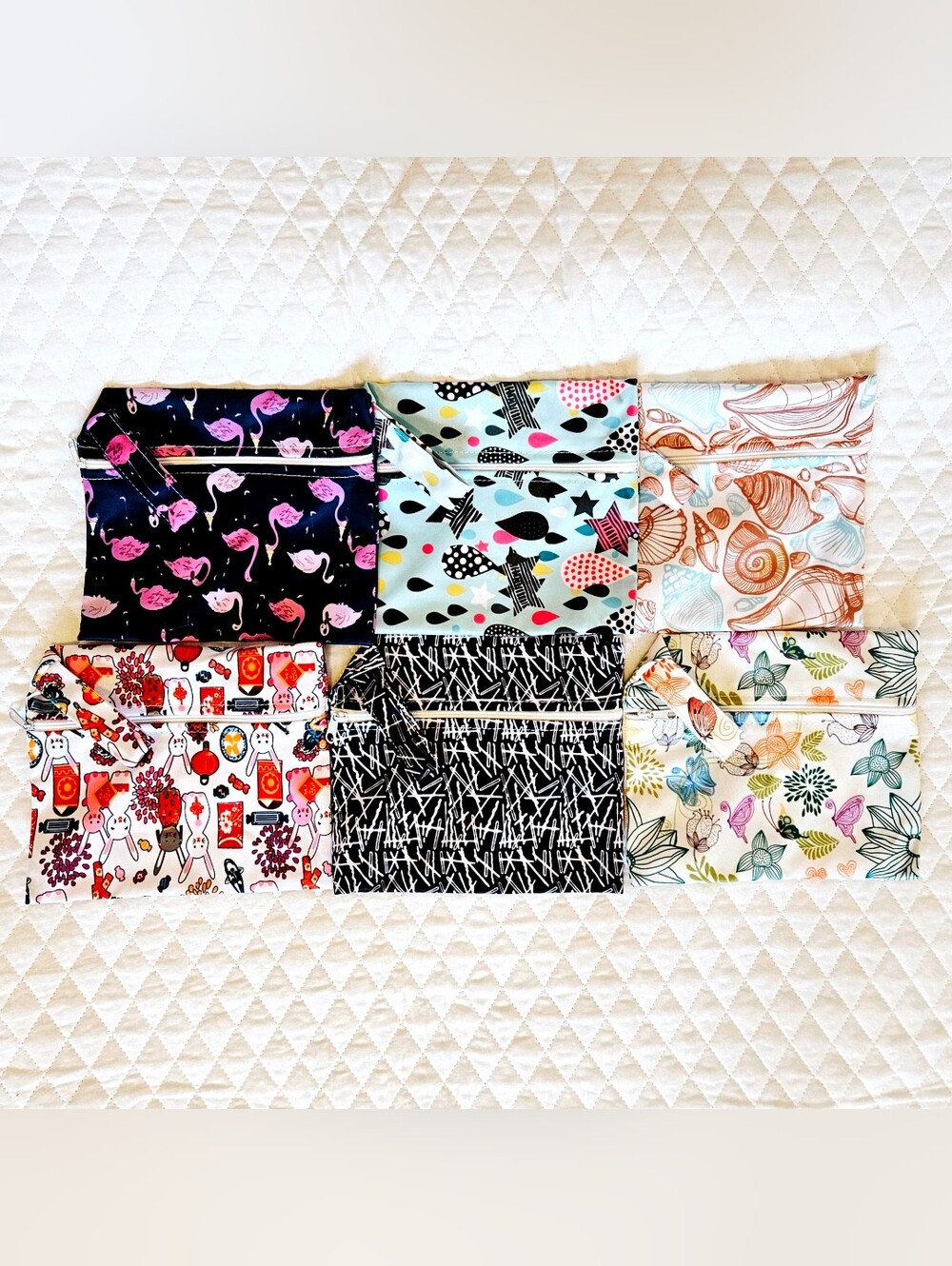 6 Pack - Wet Bags for Reusable Menstrual Pads - Waterproof Polyester with Zipper